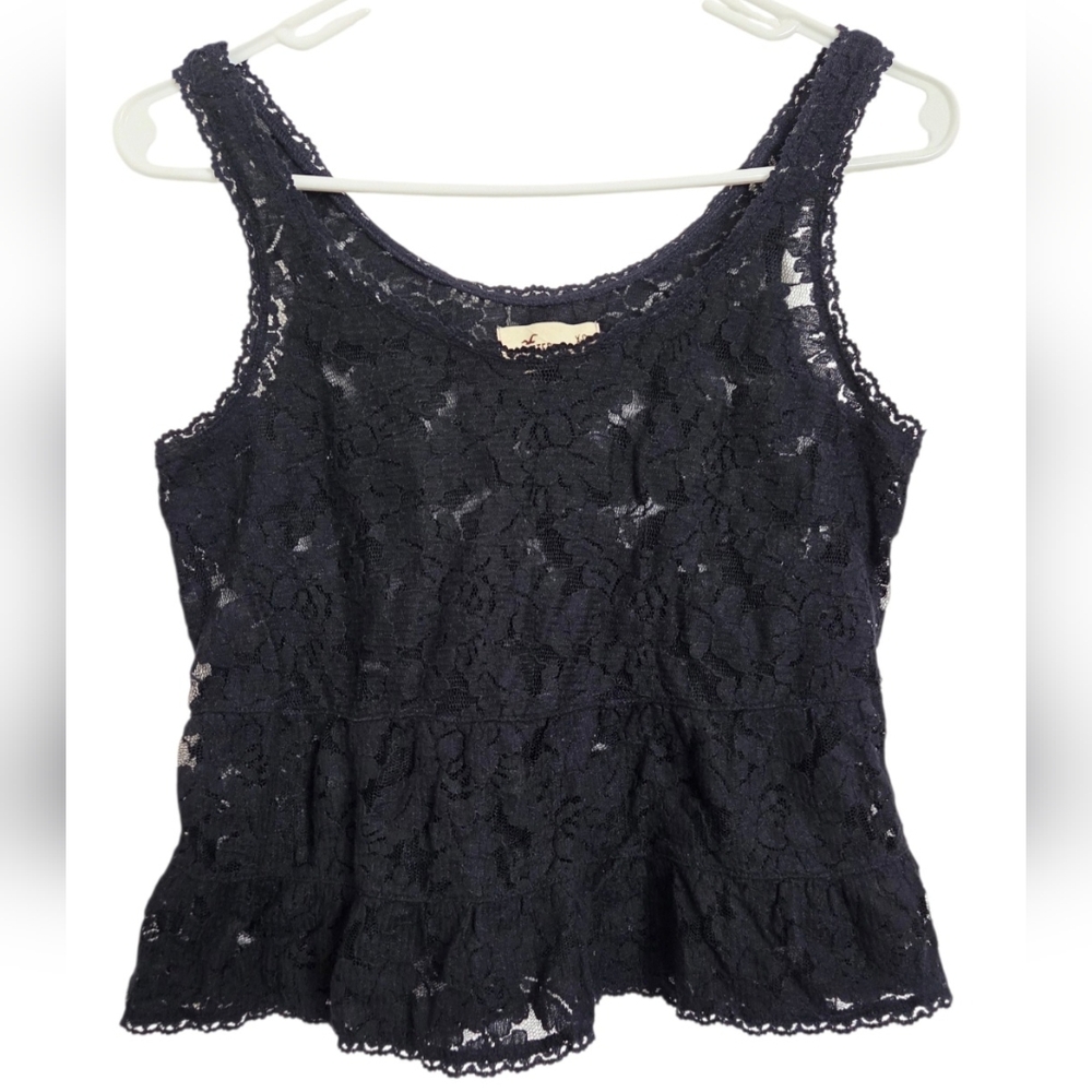 VTG Y2K Hollister Black Tank Top‎ Mesh Lace Semi Sheer LOGO Sz XS Peplum Goth